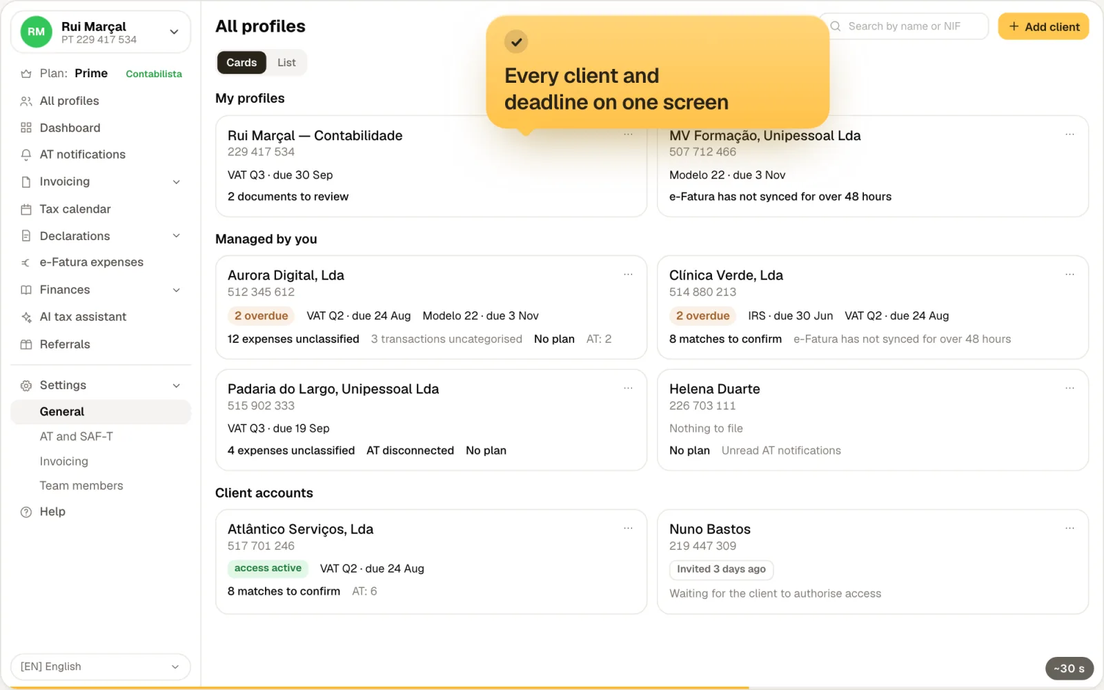 The FIZ “All profiles” screen with the practice’s clients and their deadlines