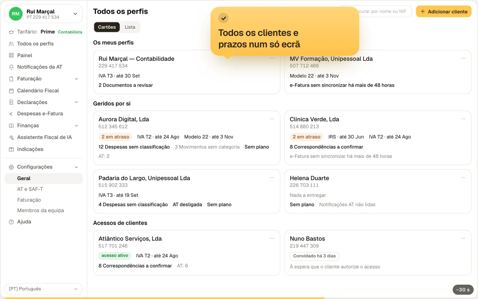 Ecrã «Todos os perfis» do FIZ com os clientes do gabinete e os respetivos prazos