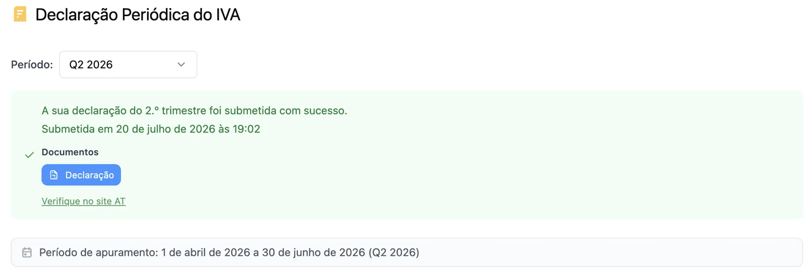 Declaração Periódica de IVA submetida à AT no FIZ